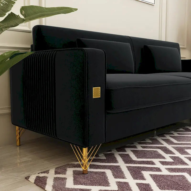 Canapé de causeuse en velours capitonné avec coussins lombaires — 85,63"P x 30,31"L x 30,51"H