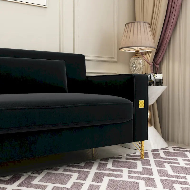 Canapé de causeuse en velours capitonné avec coussins lombaires — 85,63"P x 30,31"L x 30,51"H