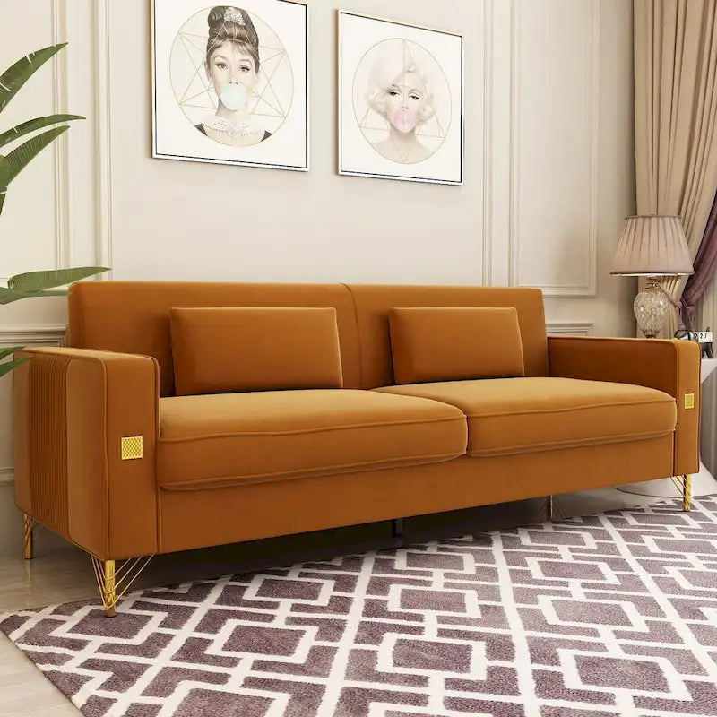 Canapé de causeuse en velours capitonné avec coussins lombaires — 85,63"P x 30,31"L x 30,51"H