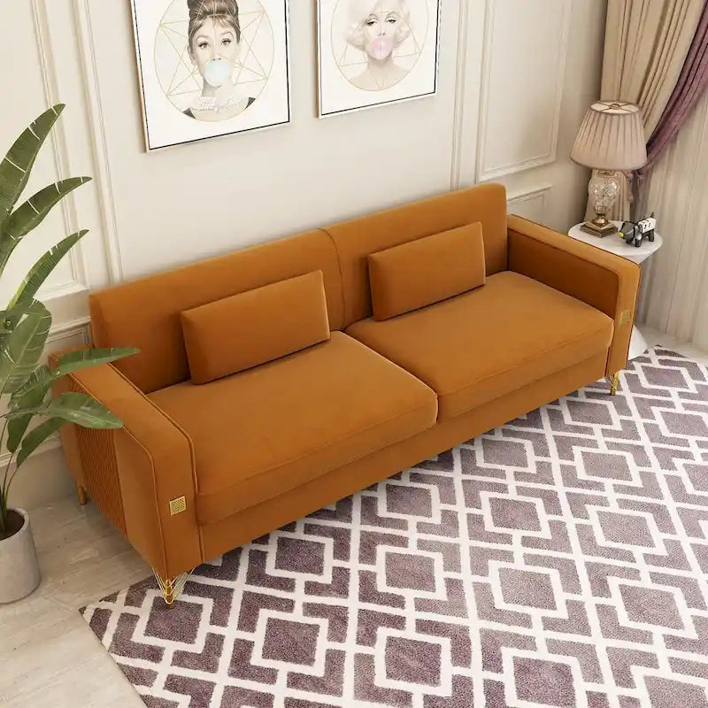 Canapé de causeuse en velours capitonné avec coussins lombaires — 85,63"P x 30,31"L x 30,51"H