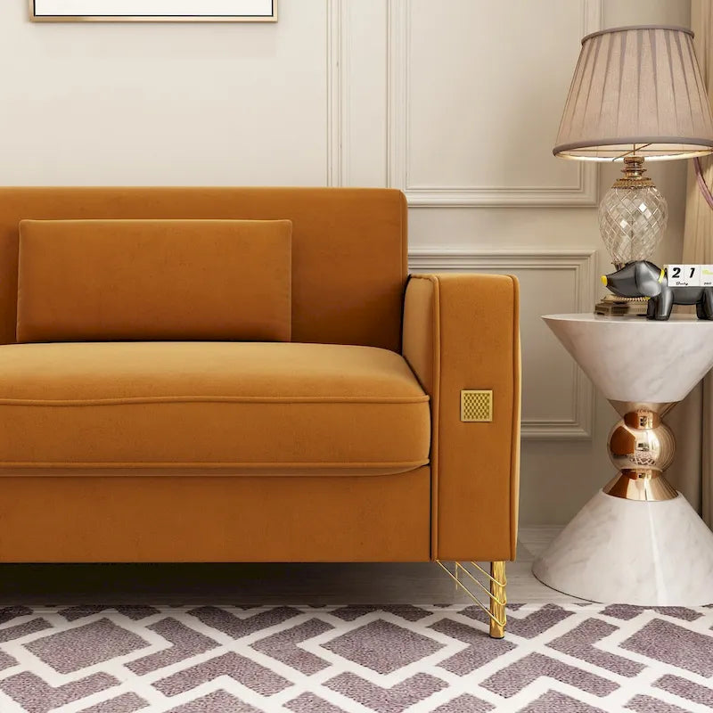 Canapé de causeuse en velours capitonné avec coussins lombaires — 85,63"P x 30,31"L x 30,51"H