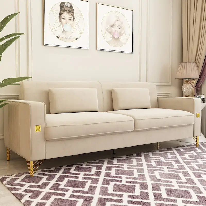 Canapé de causeuse en velours capitonné avec coussins lombaires — 85,63"P x 30,31"L x 30,51"H