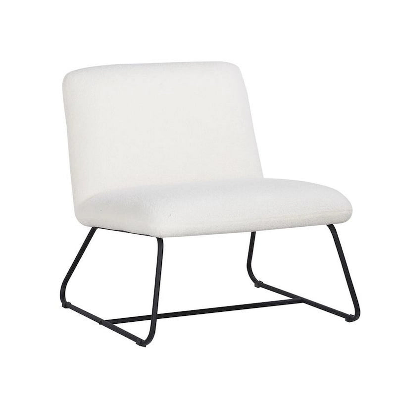 Fauteuil d'appoint sans accoudoirs avec revêtement en tissu bouclette et piètement traîneau en acier