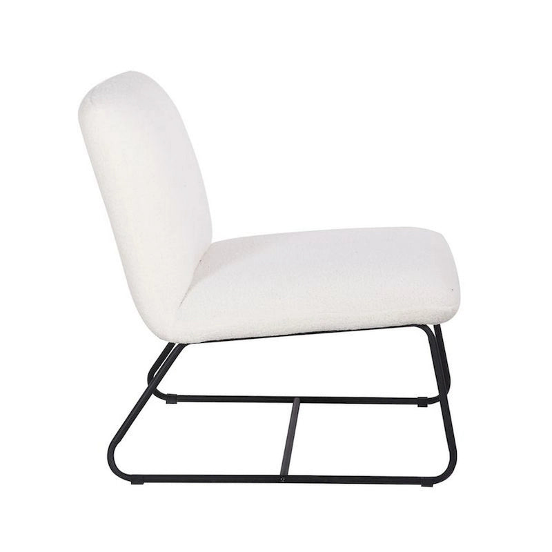Fauteuil d'appoint sans accoudoirs avec revêtement en tissu bouclette et piètement traîneau en acier
