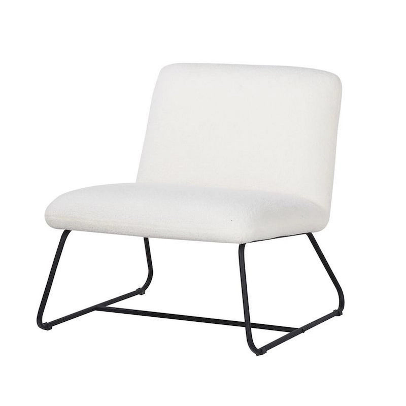 Fauteuil d'appoint sans accoudoirs avec revêtement en tissu bouclette et piètement traîneau en acier