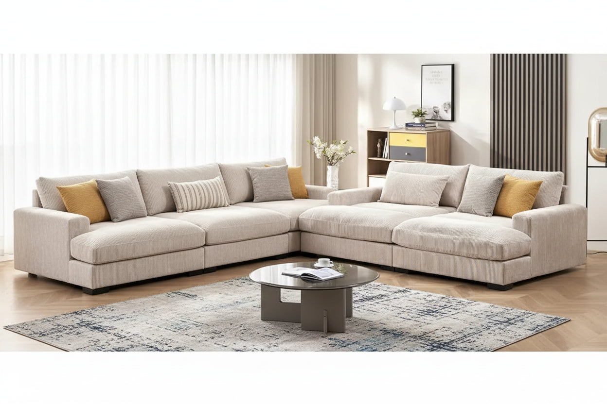 Luxe Sleeper Sofa with Soft Corduroy Upholstery Double Chaise Design Convertible to Twin Size Bed Extra Large