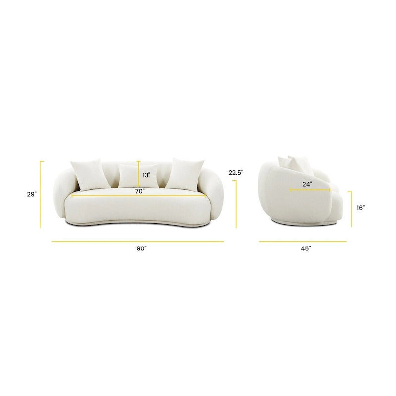 Canapé en tissu incurvé avec coussins fixes et coussins décoratifs