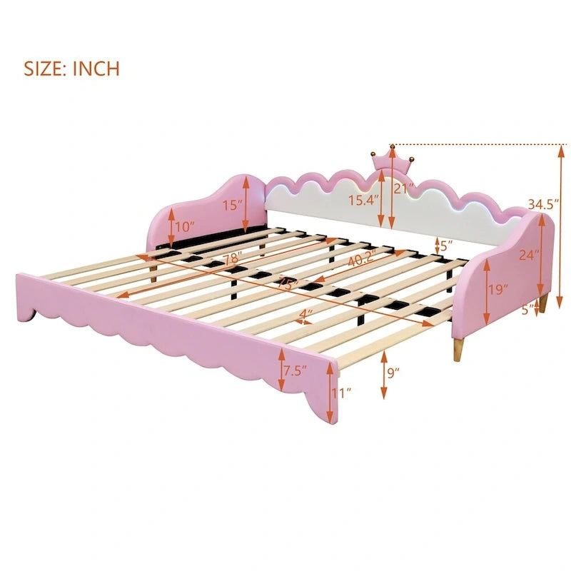 Lit de repos extensible du jumeau au grand lit avec lumières LED et tête de lit couronnée