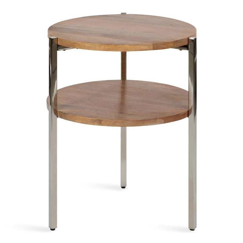 Table d'appoint ronde à deux niveaux avec plateaux en bois de manguier et pieds en métal - 48x48x63,5 cm