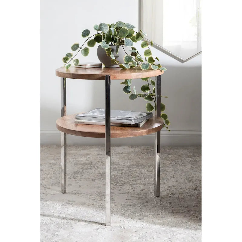 Table d'appoint ronde à deux niveaux avec plateaux en bois de manguier et pieds en métal - 48x48x63,5 cm