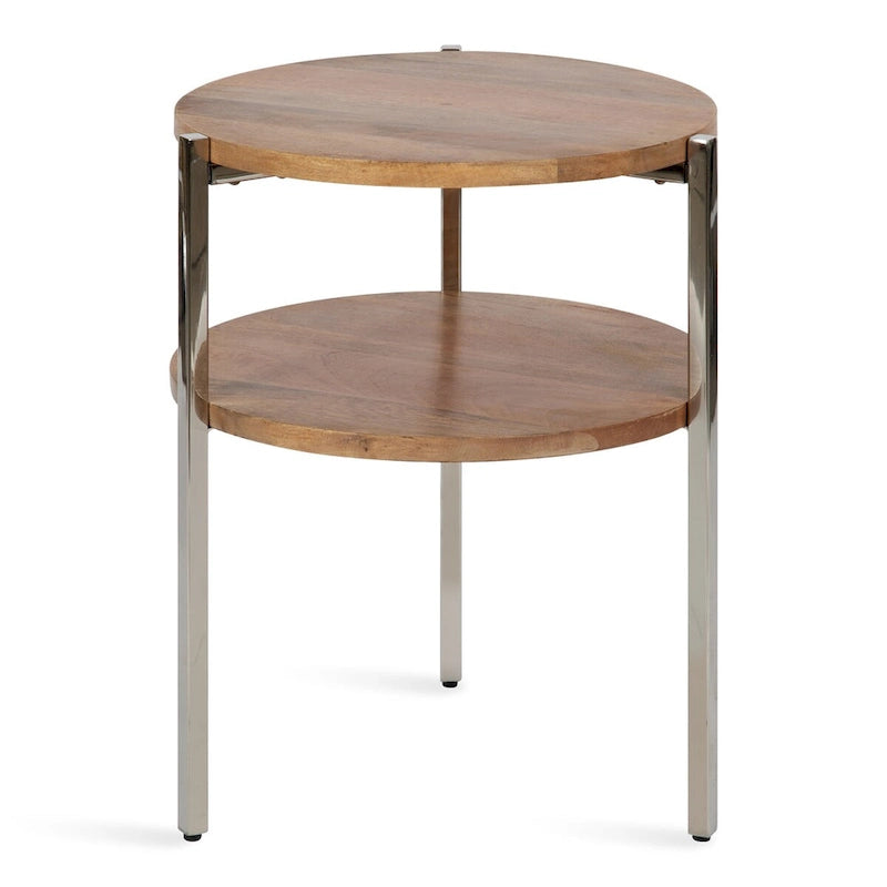 Table d'appoint ronde à deux niveaux avec plateaux en bois de manguier et pieds en métal - 48x48x63,5 cm