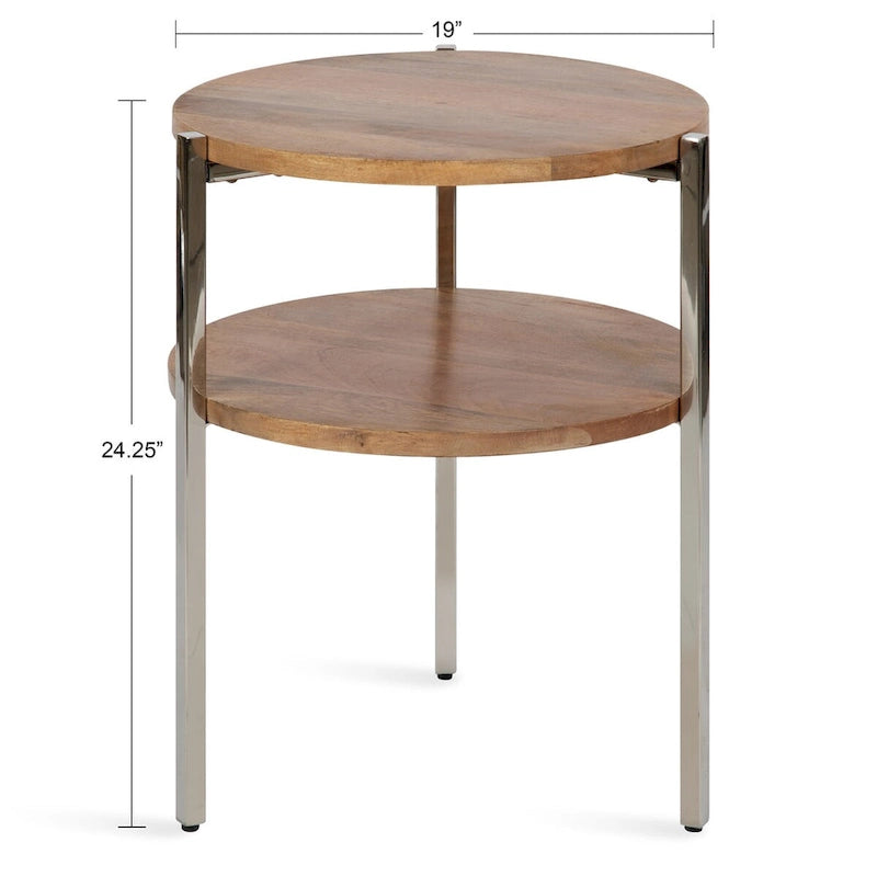 Table d'appoint ronde à deux niveaux avec plateaux en bois de manguier et pieds en métal - 48x48x63,5 cm