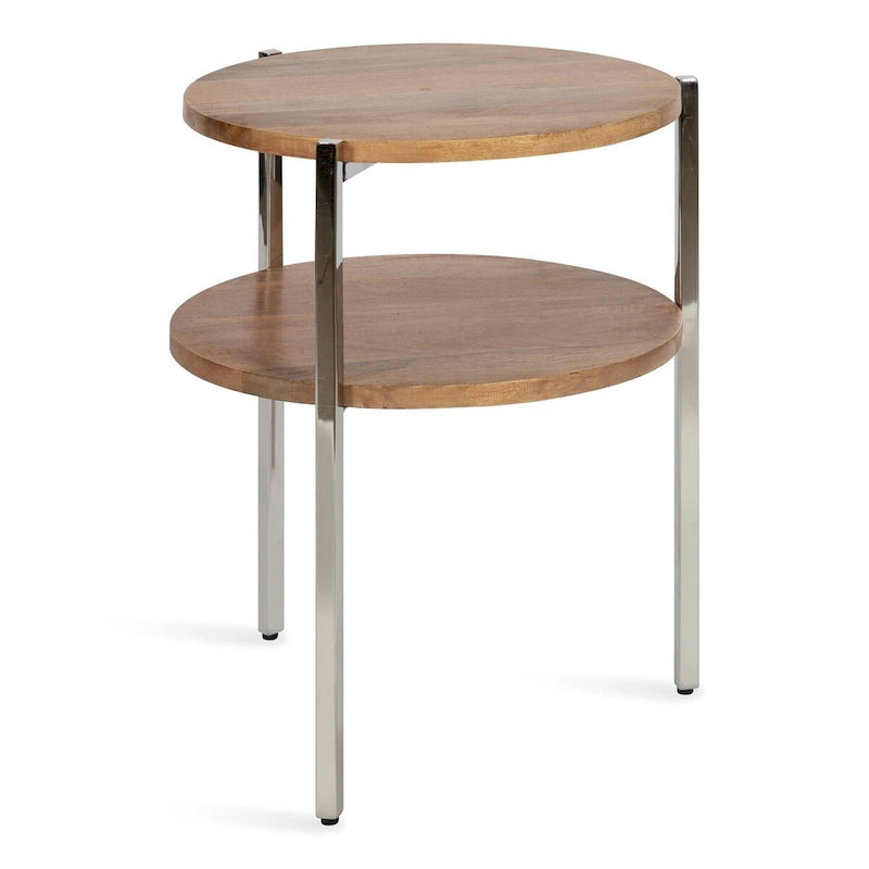 Table d'appoint ronde à deux niveaux avec plateaux en bois de manguier et pieds en métal - 48x48x63,5 cm