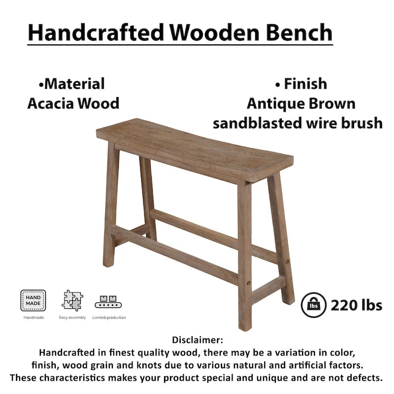 Banc en bois massif avec assise incurvée et piètement oblique – Marron antique