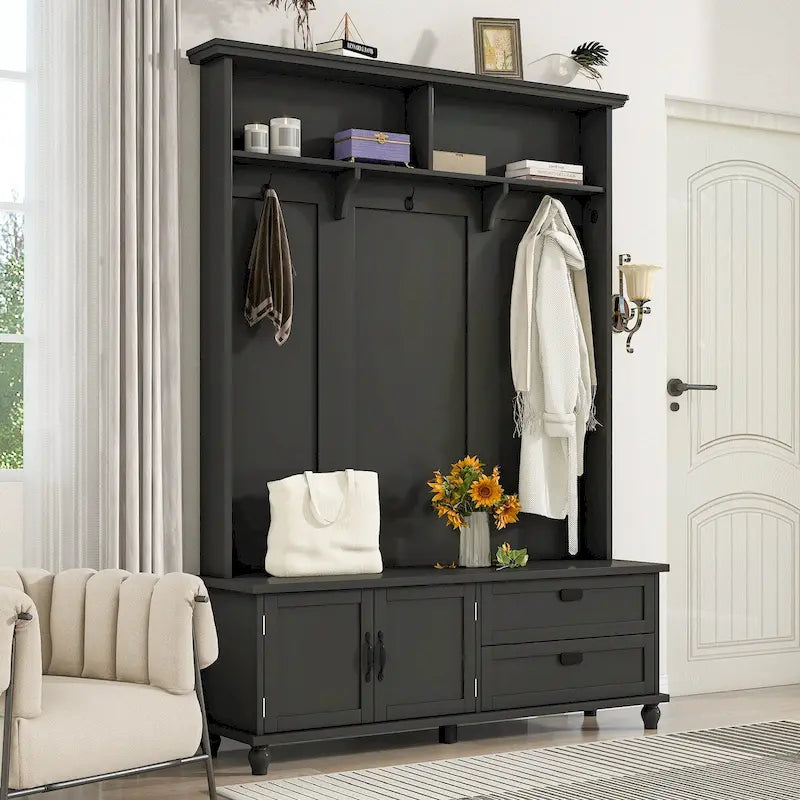 Meuble d'entrée avec armoire de rangement, 2 tiroirs, banc et 5 patères