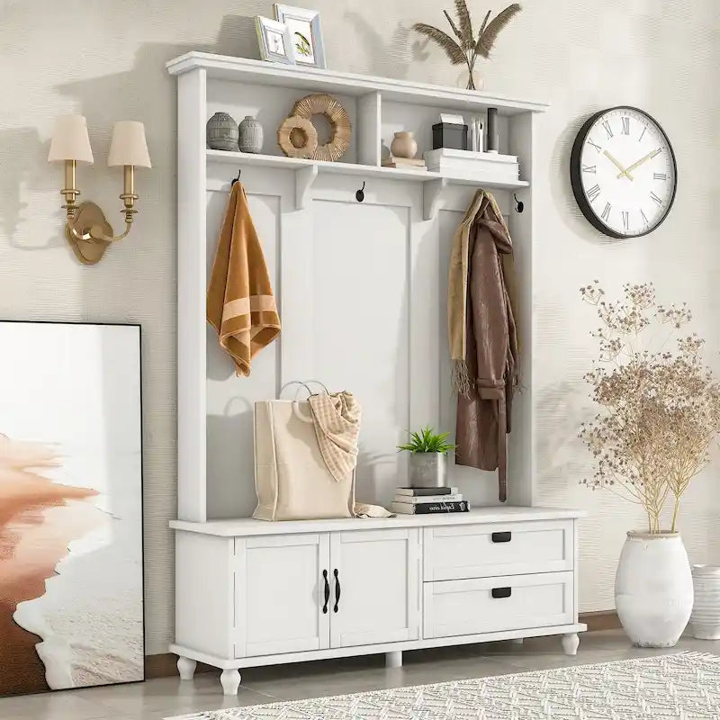 Meuble d'entrée avec armoire de rangement, 2 tiroirs, banc et 5 patères