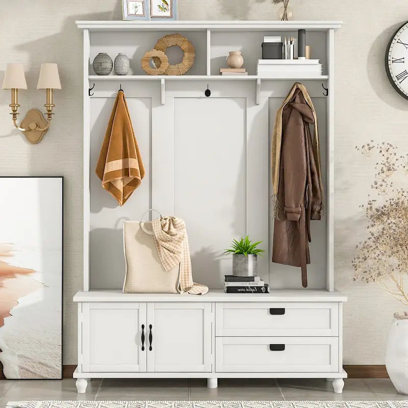 Meuble d'entrée avec armoire de rangement, 2 tiroirs, banc et 5 patères