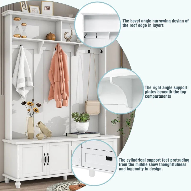 Meuble d'entrée avec armoire de rangement, 2 tiroirs, banc et 5 patères