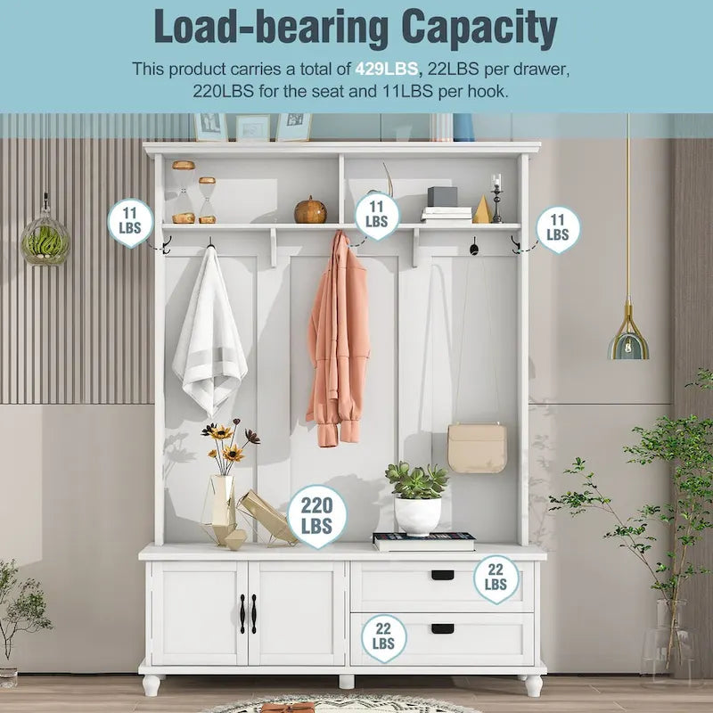 Meuble d'entrée avec armoire de rangement, 2 tiroirs, banc et 5 patères