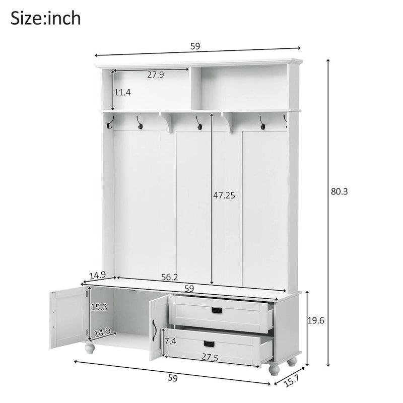 Meuble d'entrée avec armoire de rangement, 2 tiroirs, banc et 5 patères