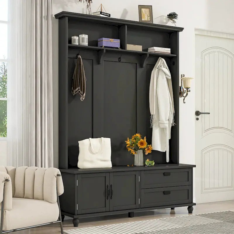 Meuble d'entrée avec armoire de rangement, 2 tiroirs, banc et 5 patères