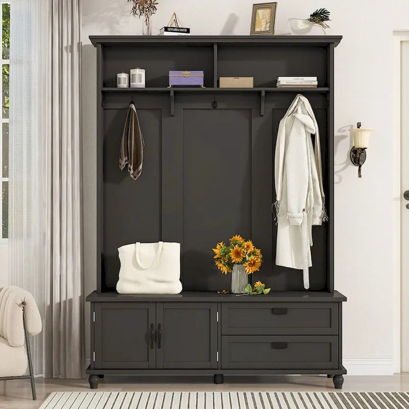 Meuble d'entrée avec armoire de rangement, 2 tiroirs, banc et 5 patères