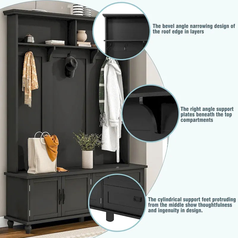 Meuble d'entrée avec armoire de rangement, 2 tiroirs, banc et 5 patères