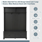 Meuble d'entrée avec armoire de rangement, 2 tiroirs, banc et 5 patères