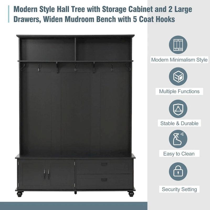 Meuble d'entrée avec armoire de rangement, 2 tiroirs, banc et 5 patères