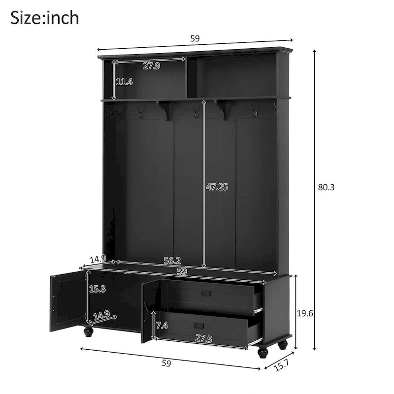 Meuble d'entrée avec armoire de rangement, 2 tiroirs, banc et 5 patères