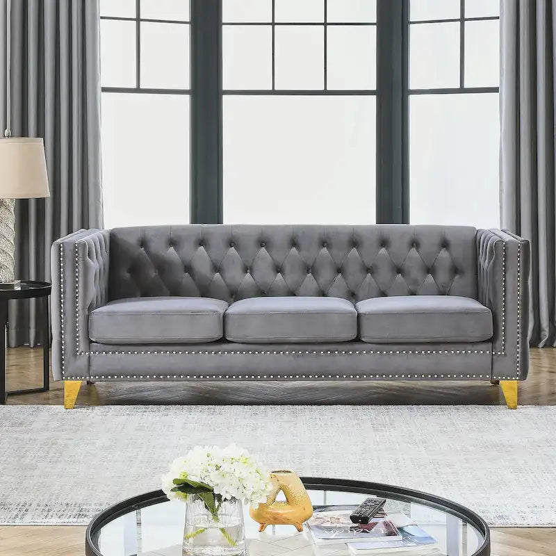 Canapé Chesterfield 3 places en velours avec dossier capitonné et pieds en métal