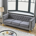 Canapé Chesterfield 3 places en velours avec dossier capitonné et pieds en métal