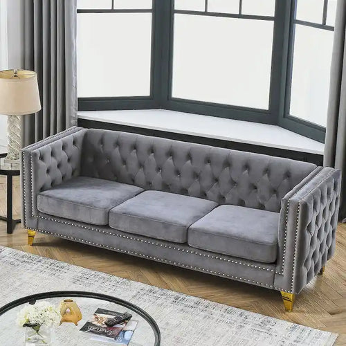 Canapé Chesterfield 3 places en velours avec dossier capitonné et pieds en métal