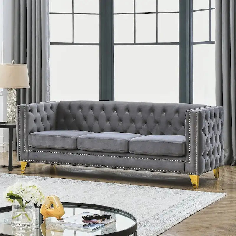 Canapé Chesterfield 3 places en velours avec dossier capitonné et pieds en métal