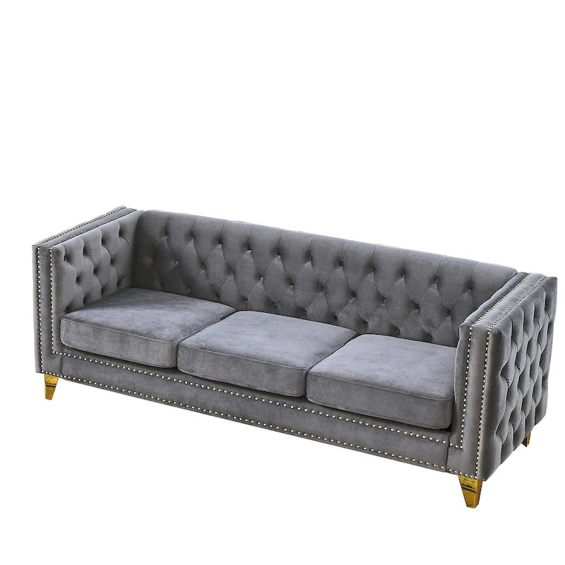 Canapé Chesterfield 3 places en velours avec dossier capitonné et pieds en métal