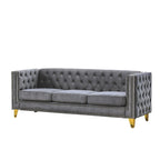 Canapé Chesterfield 3 places en velours avec dossier capitonné et pieds en métal