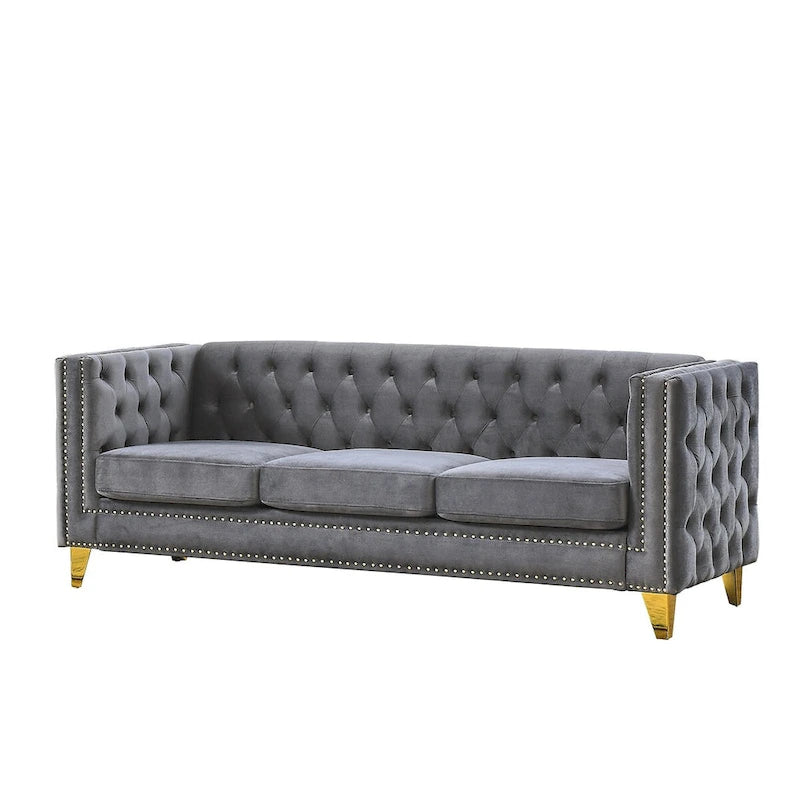 Canapé Chesterfield 3 places en velours avec dossier capitonné et pieds en métal