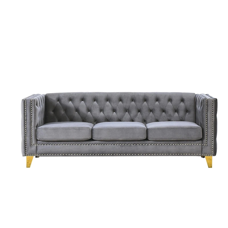 Canapé Chesterfield 3 places en velours avec dossier capitonné et pieds en métal