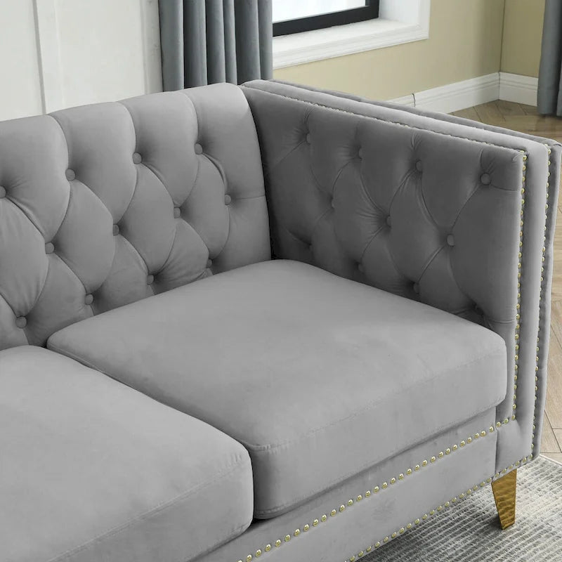 Canapé Chesterfield 3 places en velours avec dossier capitonné et pieds en métal