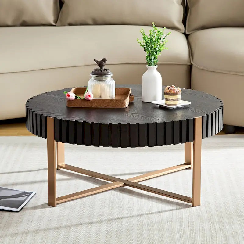Table basse ronde tambour, 80 cm, plateau MDF avec pieds en acier inoxydable, noir