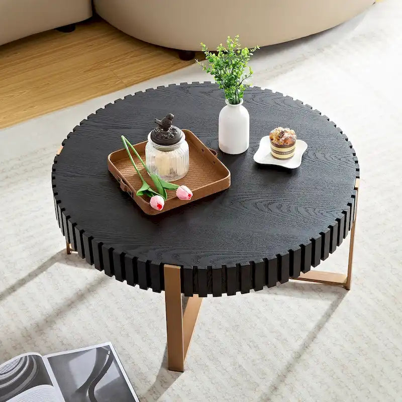 Table basse ronde tambour, 80 cm, plateau MDF avec pieds en acier inoxydable, noir