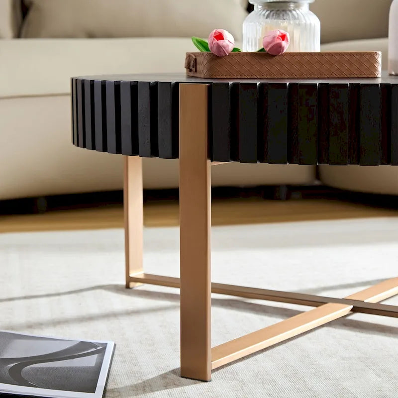 Table basse ronde tambour, 80 cm, plateau MDF avec pieds en acier inoxydable, noir
