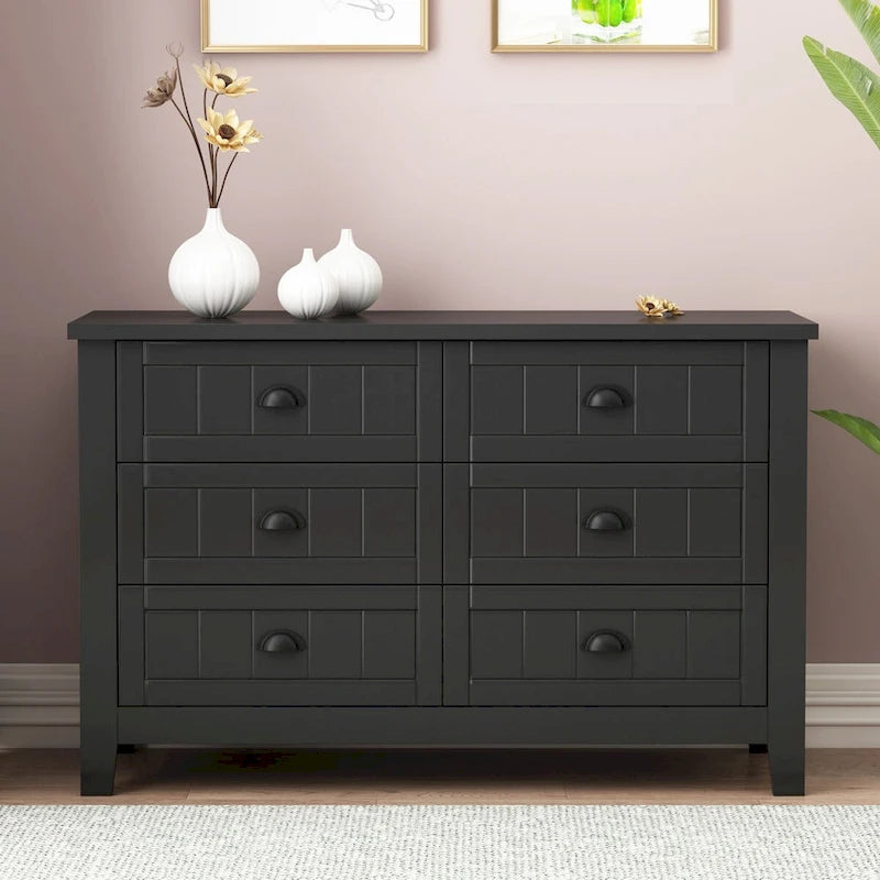 Meuble de rangement à 6 tiroirs en bois massif noir pour entrée