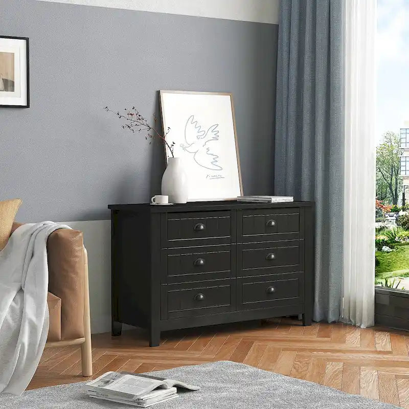 Meuble de rangement à 6 tiroirs en bois massif noir pour entrée