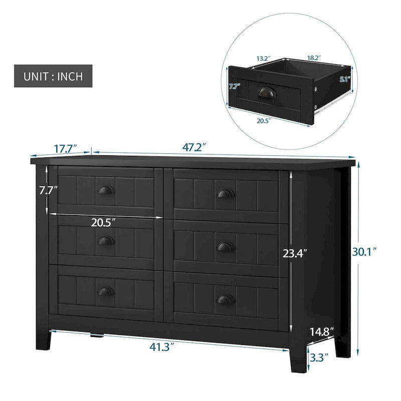 Meuble de rangement à 6 tiroirs en bois massif noir pour entrée