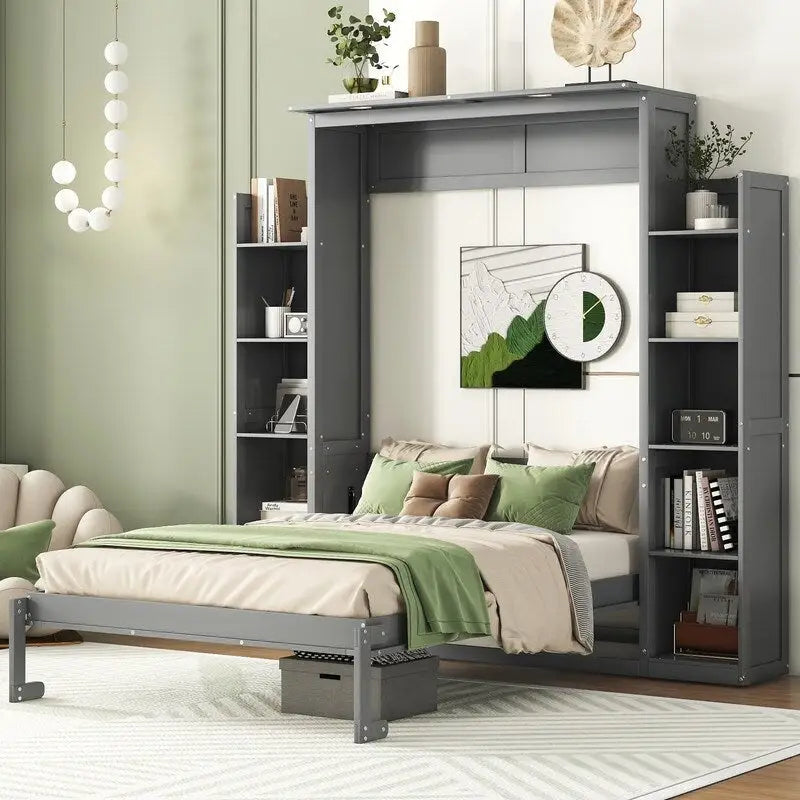 Lit escamotable grand format avec armoire, étagères et lumières DEL