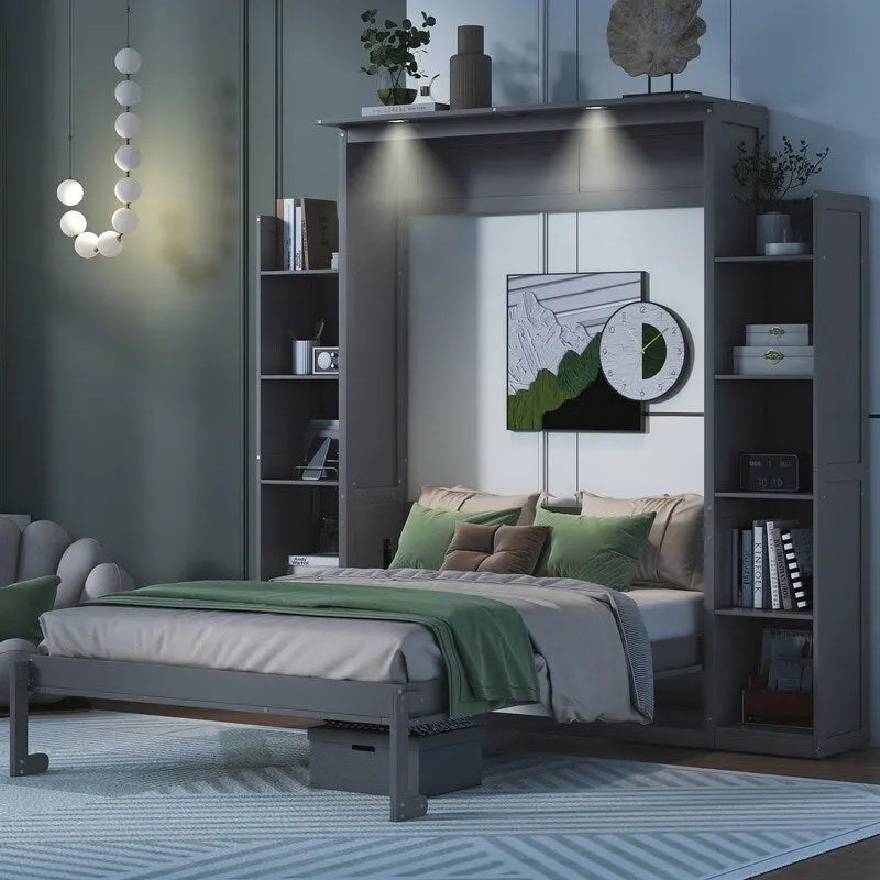 Lit escamotable grand format avec armoire, étagères et lumières DEL