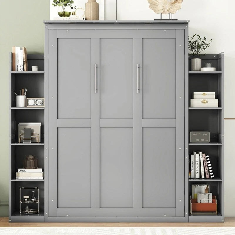 Lit escamotable grand format avec armoire, étagères et lumières DEL
