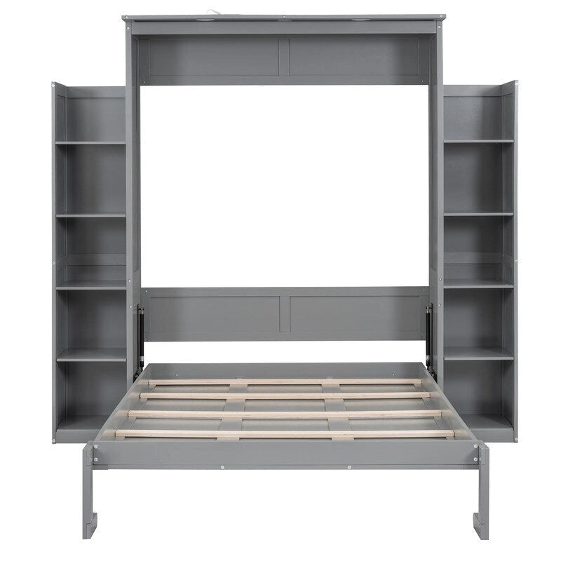 Lit escamotable grand format avec armoire, étagères et lumières DEL