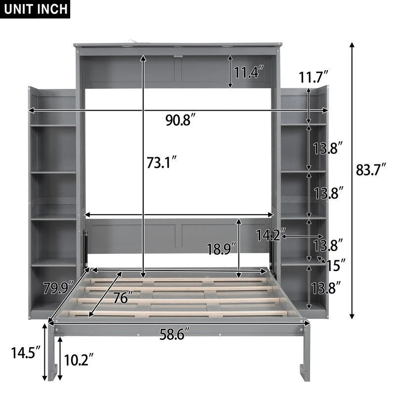 Lit escamotable grand format avec armoire, étagères et lumières DEL